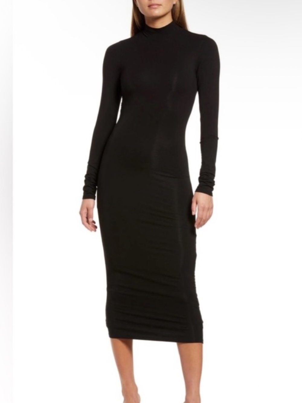 Good American Black Long-Sleeve Turtleneck Midi Dress